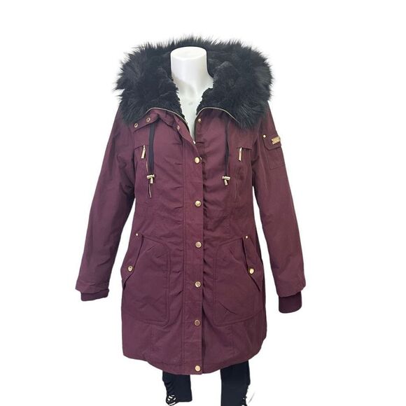 BELLE BADGLEY MISCHKA Burgundy Fleece & Faux Fur Trimmed Hooded Parka sz Medium‎ - Picture 1 of 11